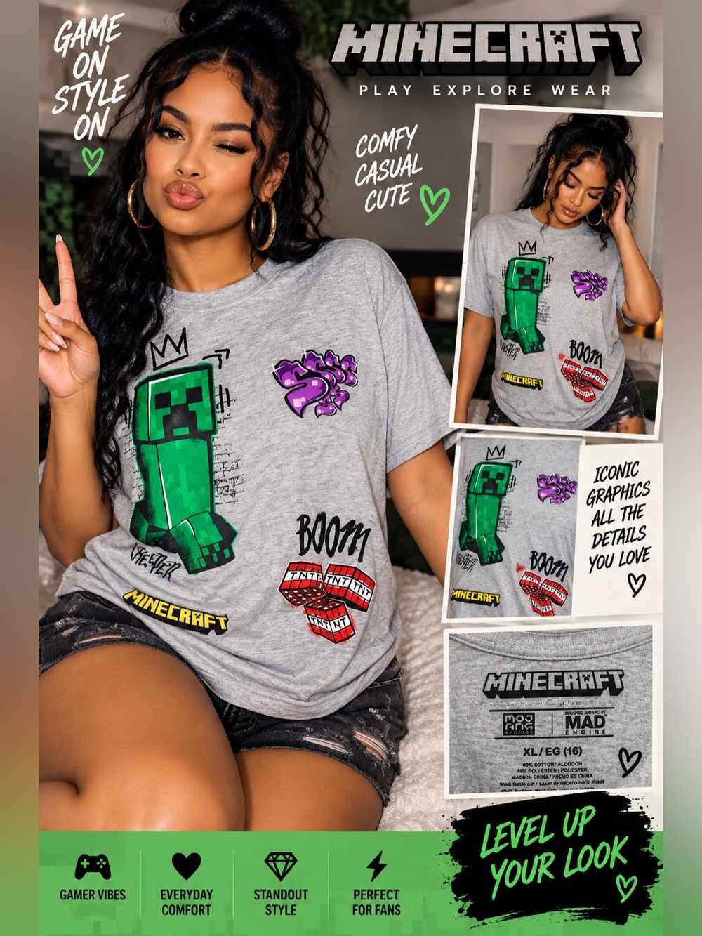 Minecraft Women’s Short Sleeve Graphic Tee - Creeper Design size XL